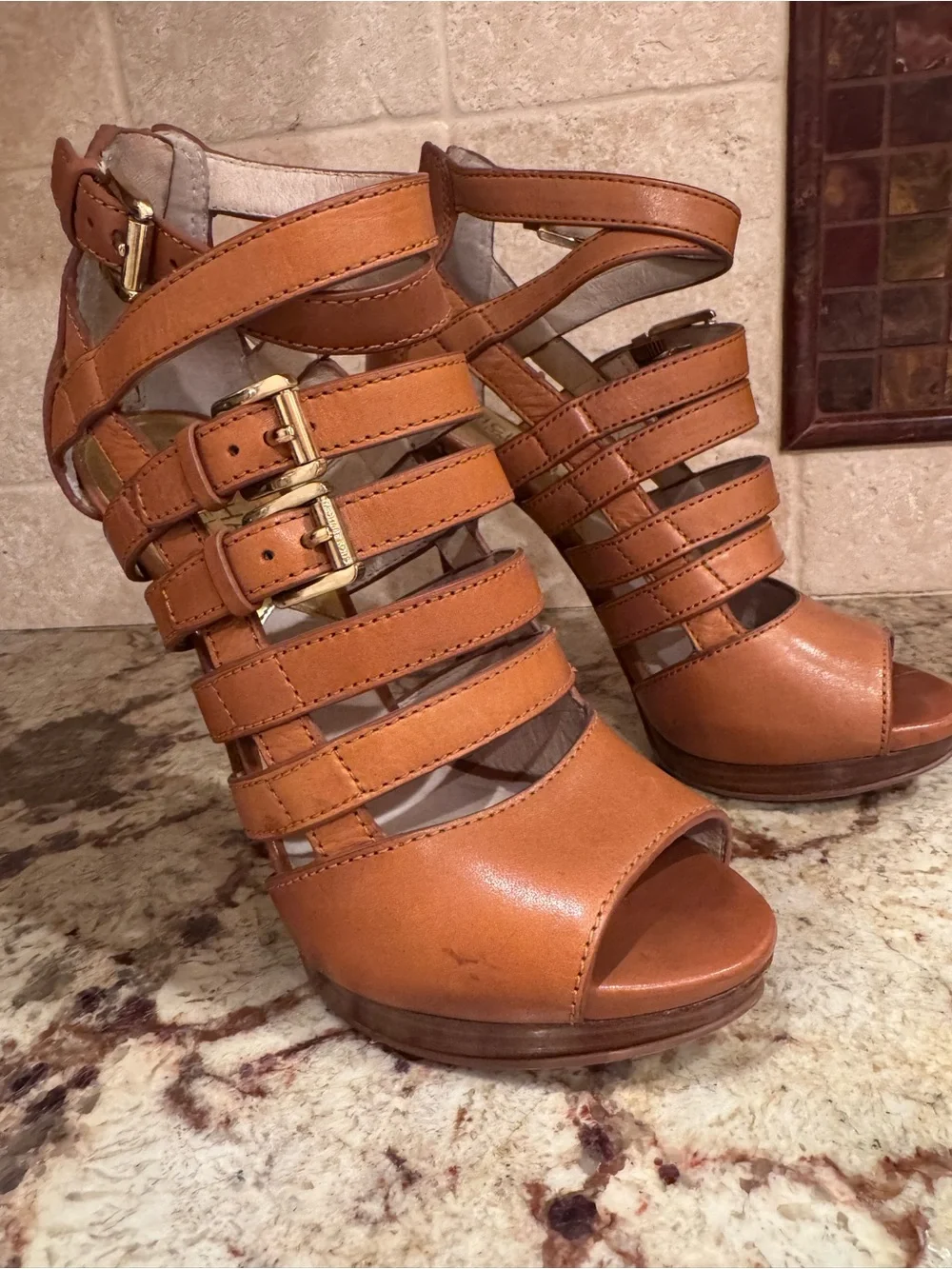 Michael Kors Leather Cognac Strappy Buckle High Heel 3”